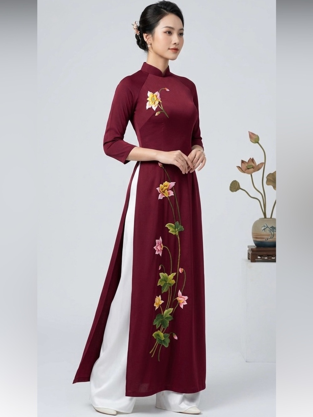 Maroon Cheongsam Style Floral Maxi Dress with Dual Side Slits sz Small